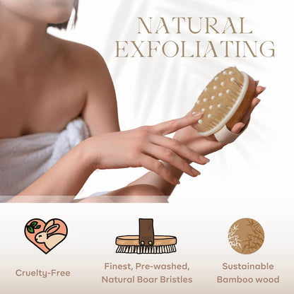 Dry Brushing Body Brush - Best for Exfoliating Dry Skin, Lymphatic Drainage and Cellulite Treatment - Organic Spa Exfoliation and Massage Scrub Brush with Natural Boar Bristles